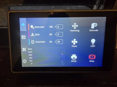 3D printer touchscreen showing extruder, bed and chamber temperatures