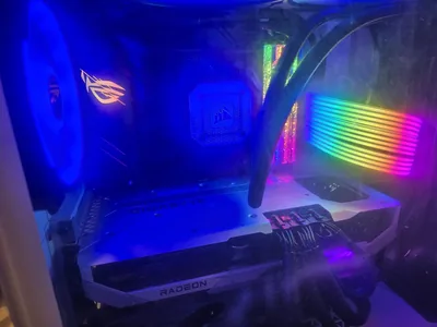 Custom desktop PC build with liquid cooling and RGB lighting